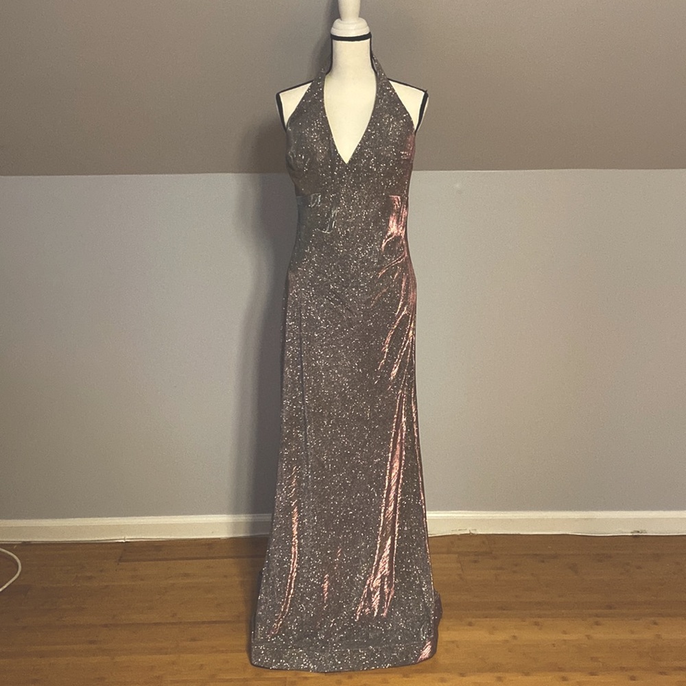 LM Collection Mauve Silver Evening Halter Gown